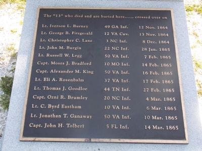 A marker with the names of the 13 members of the "Immortal 600" buried at Fort Pulaski image. Click for full size.