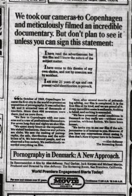 Day of Premiere Advertisement for De Renzy's <i>Pornography in Denmark: A New Approach</i> image. Click for full size.
