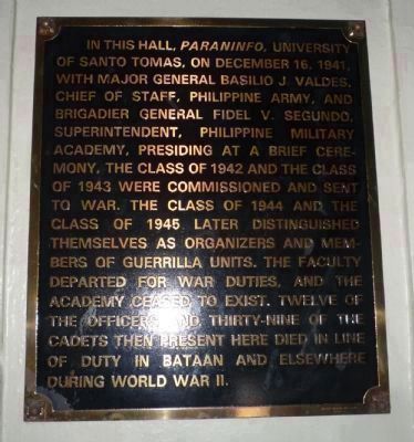 Plaque commemorating UST student cadets who fought with Philippine Army and guerrilla units in WWII image. Click for full size.