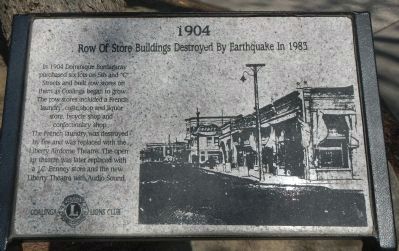 Row of Store Buildings Destroyed By Earthquake in 1983 Marker. Click for full size. Row of Store Buildings Destroyed By Earthquake in 1983 Marker image. Click for full size.