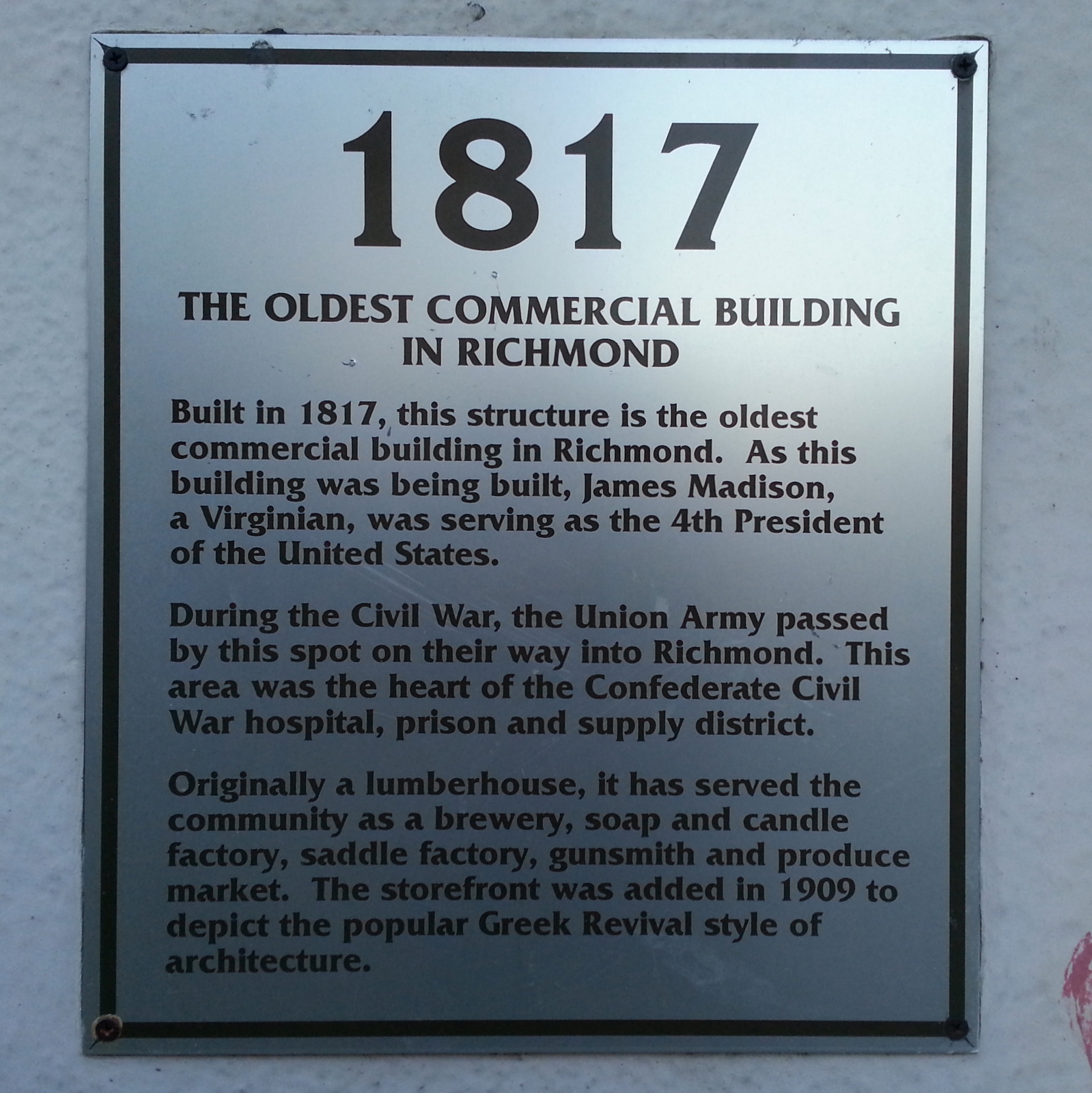 The Oldest Commercial Building in Richmond Marker