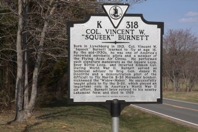 Col. Vincent W. “Squeek” Burnett Marker. Click for full size. Col. Vincent W. “Squeek” Burnett Marker image. Click for full size.