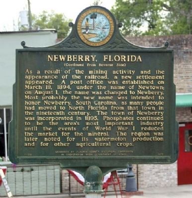 Newberry, Florida Marker, reverse side, prior to restoration image. Click for full size.