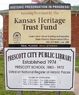 Kansas Heritage Trust Fund Sign at Prescott School. Click for full size. Kansas Heritage Trust Fund Sign at Prescott School image. Click for full size.