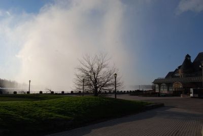 The Mist from Horseshoe Falls. Table Rock Welcome Centre on the Right image. Click for full size.