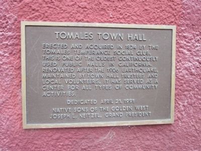 Tomales Town Hall Marker. Click for full size. Tomales Town Hall Marker image. Click for full size.