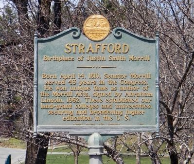 Strafford "Birthplace of Justin Smith Morrill" marker. Click for full size. Strafford "Birthplace of Justin Smith Morrill" marker image. Click for full size.