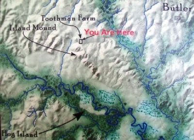 "You Are Here" on The Battle of Island Mound Marker. Click for full size. "You Are Here" on The Battle of Island Mound Marker image. Click for full size.