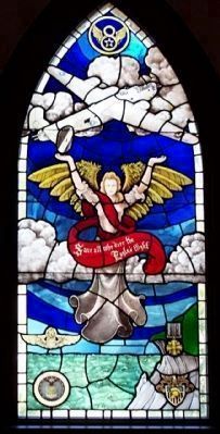 "Save all who dare the Eagles flight" Stained glass window at the nearby Chapel of the Fallen Eagles image. Click for full size.