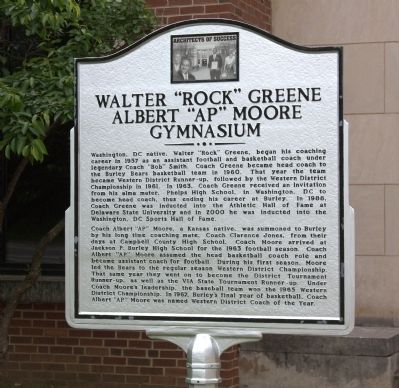 Walter “Rock” Greene Albert “AP” Moore Gymnasium Marker image. Click for full size.