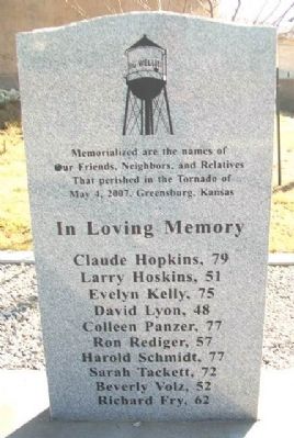 2007 Greensburg EF5 Tornado Victims Memorial. Click for full size. 2007 Greensburg EF5 Tornado Victims Memorial image. Click for full size.