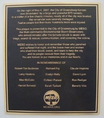 2007 Greensburg EF5 Tornado MESO Marker. Click for full size. 2007 Greensburg EF5 Tornado MESO Marker image. Click for full size.