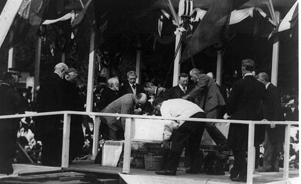Laying the PAU Building's cornerstone, 1908. Click for full size. Laying the PAU Building's cornerstone, 1908 image. Click for full size.
