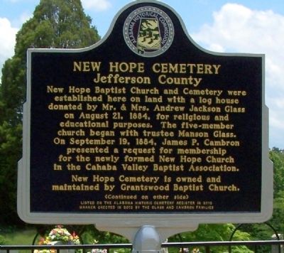New Hope Cemetery Marker, front. Click for full size. New Hope Cemetery Marker, front image. Click for full size.