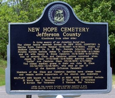 New Hope Cemetery Marker, back. Click for full size. New Hope Cemetery Marker, back image. Click for full size.