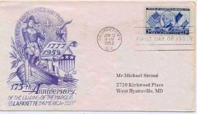 Landing of Lafayette First Day Issue Cover and Memorial Stamp. Click for full size. Landing of Lafayette First Day Issue Cover and Memorial Stamp image. Click for full size.