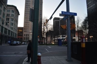The Site of the First Court Houses of Niagara and Erie County Marker facing west on Clinton image. Click for full size.