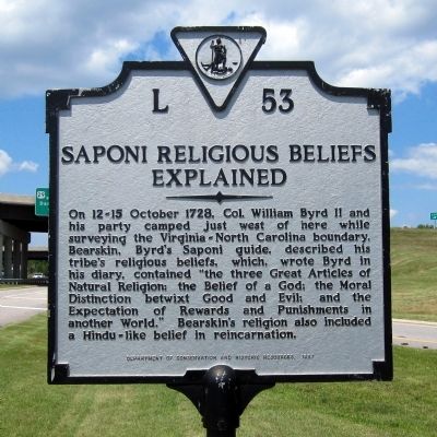 Saponi Religious Beliefs Explained Marker. Click for full size. Saponi Religious Beliefs Explained Marker image. Click for full size.
