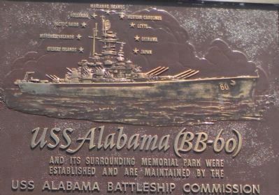 Rendering of U S S <i>Alabama</i> (BB-60) on the Alabama Battleship Commission panel image. Click for full size.