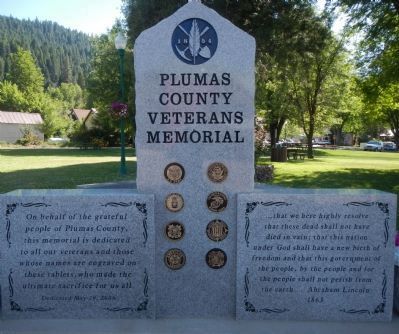 Plumas County Veterans Memorial Marker, Front of Monument image. Click for full size.