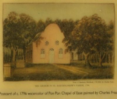 Postcard of c. 1796 watercolor of Pon Pon Chapel of Ease painted by Charles Fraser image. Click for full size.