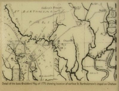 (Map of 1775 showing location of earliest St. Bartholomew's chapel on Chehaw) image. Click for full size.