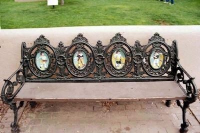 Don Fernando de Taos Plaza bench artwork. Click for full size. Don Fernando de Taos Plaza bench artwork image. Click for full size.