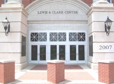 Lewis and Clark Markers Flank Entrance to Center image. Click for full size.