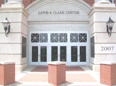 Lewis and Clark Markers Flank Entrance to Center image. Click for full size.
