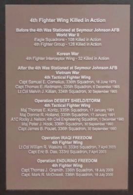 Third Seymour Johnson AFB History / 4th Fighter Wing Killed in Action Plaque. Click for full size. Third Seymour Johnson AFB History / 4th Fighter Wing Killed in Action Plaque image. Click for full size.