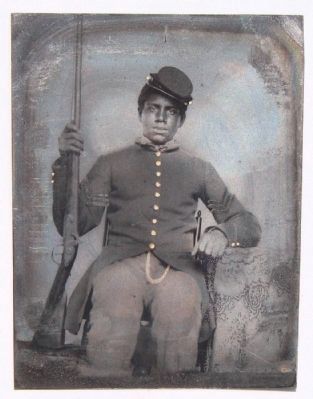 Unidentified African American soldier in Union sergeant uniform holding a rifle image. Click for full size.