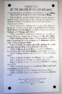 Priorities of the College of William and Mary Marker image. Click for full size.