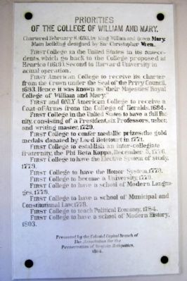 Priorities of the College of William and Mary Marker. Click for full size. Priorities of the College of William and Mary Marker image. Click for full size.