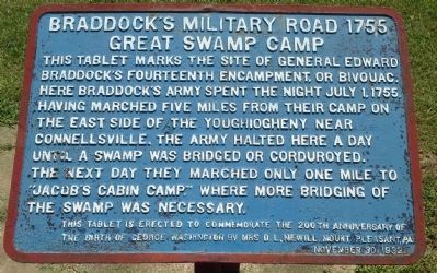 Braddock's Military Road 1755 - Great Swamp Camp Marker image. Click for full size.