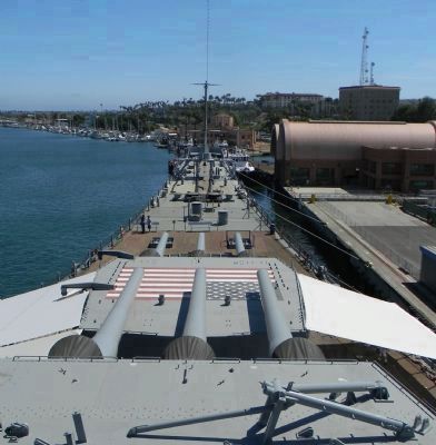 USS <i>Iowa</i> (BB-61) ; view over the bow and Turret 1 from atop Turret 2 image. Click for full size.