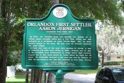 Orlando's First Settler, Aaron Jernigan Marker reverse. Click for full size. Orlando's First Settler, Aaron Jernigan Marker reverse image. Click for full size.