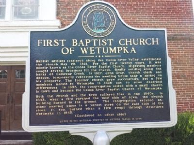 First Baptist Church of Wetumpka Marker. Click for full size. First Baptist Church of Wetumpka Marker image. Click for full size.