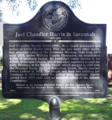 Joel Chandler Harris in Savannah 1870-1876 Marker image. Click for full size.
