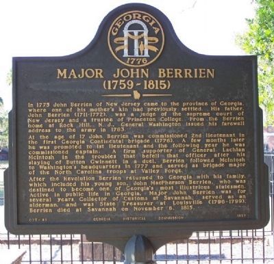 Major John Berrien (1759-1815) Marker. Click for full size. Major John Berrien (1759-1815) Marker image. Click for full size.