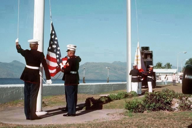 The flags of the United States and the Philippiness were raised simultaneously by the image. Click for full size.