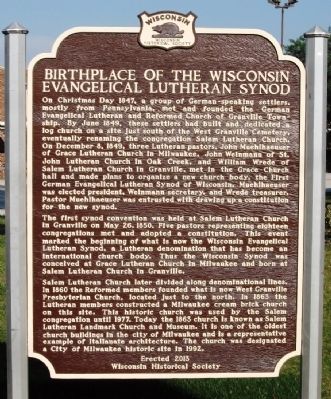 Birthplace of the Wisconsin Evangelical Lutheran Synod Marker image. Click for full size.