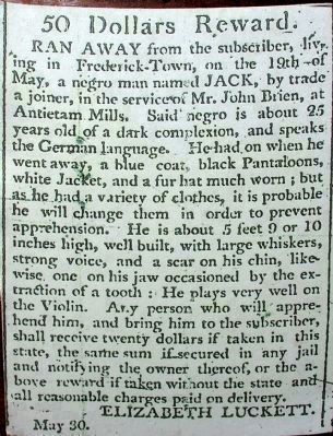 Advertisement for a German Speaking, Violin Playing, Runaway Enslaved Joiner Named Jack image. Click for full size.