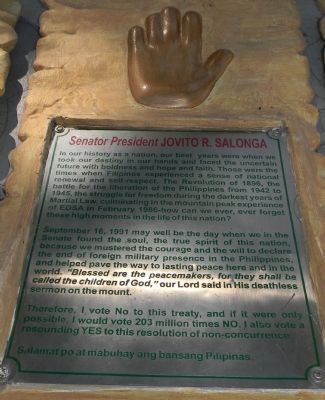 <i>Inang Laya</i> Monument: Hand of Sen. President Jovito R. Salonga image. Click for full size.