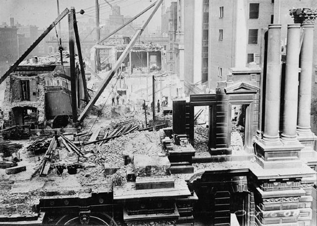 Demolition of City Hall No. 6, 1908 image. Click for full size.