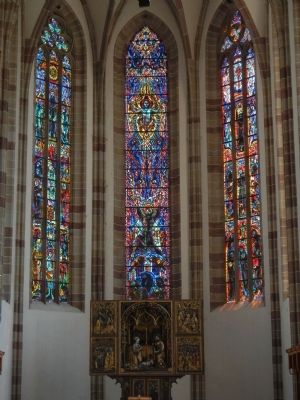 Franciscan Church, stained glass windows and altar image. Click for full size.