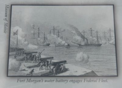 Center Right Image: Fort Morgan's water battery engages Federal Fleet. (Museum of Mobile). Click for full size. Center Right Image: Fort Morgan's water battery engages Federal Fleet. (Museum of Mobile) image. Click for full size.