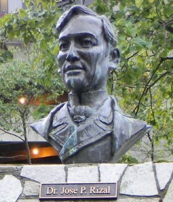 Bust of Dr. Jos P. Rizal, the martyred father of Philippine independence, in Juneau's Manila Square image. Click for full size.
