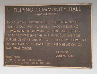 "Filipino Community Center, Renovated 1983 ... " - plaque on the wall facing Manila Square image. Click for full size.