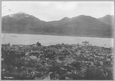 <i>Juneau: View of City, Mountains and Cableship "Burnside" in Channel </i>. Click for full size. <i>Juneau: View of City, Mountains and Cableship "Burnside" in Channel </i> image. Click for full size.