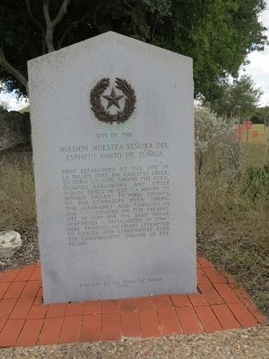 Site of the Mission Nuestra Señora del Espiritu Santo de Zúñiga Marker. Click for full size. Site of the Mission Nuestra Señora del Espiritu Santo de Zúñiga Marker image. Click for full size.